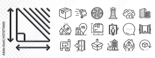 Petrol station, Send box and Return package line icons for web app. Glare of light effect. Message icon. Pack of House protection, Parcel, Package size pictogram icons. Vector