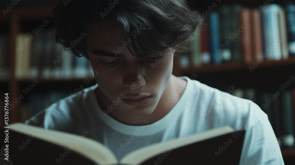 Studious learner reading textbook amid shadowy library stacks, immersed in academic research