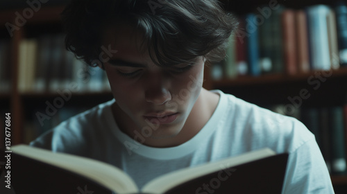 Obraz na płótnie Studious learner reading textbook amid shadowy library stacks, immersed in academic research w salonie