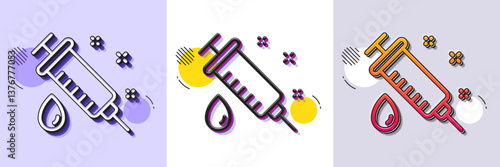 Medical syringe line icon. Halftone dotted pattern. Gradient icon with grain shadow. Medicine vaccine sign. Pharmacy medication symbol. Line medical syringe icon. Various designs. Vector