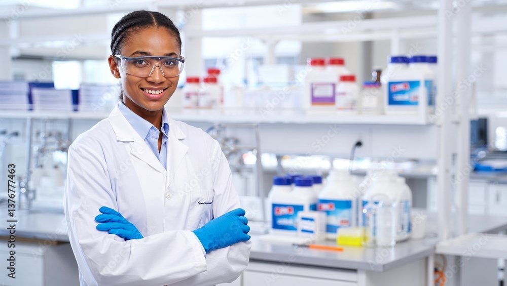 Confident Female Scientist in a Modern Laboratory Wearing Protective Gear Confident Female Scientist in a Modern Laboratory Wearing Protective Gear