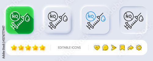 Coronavirus syringe line icon. Neumorphic, Flat shadow, 3d buttons. Covid-19 no vaccine sign. Corona virus symbol. Line coronavirus vaccine icon. Social media icons. Vector