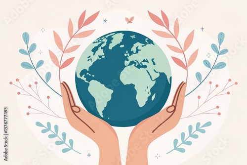 Hands supporting a globe surrounded by floral elements, symbolizing care for the environment and global unity through compassion and connection