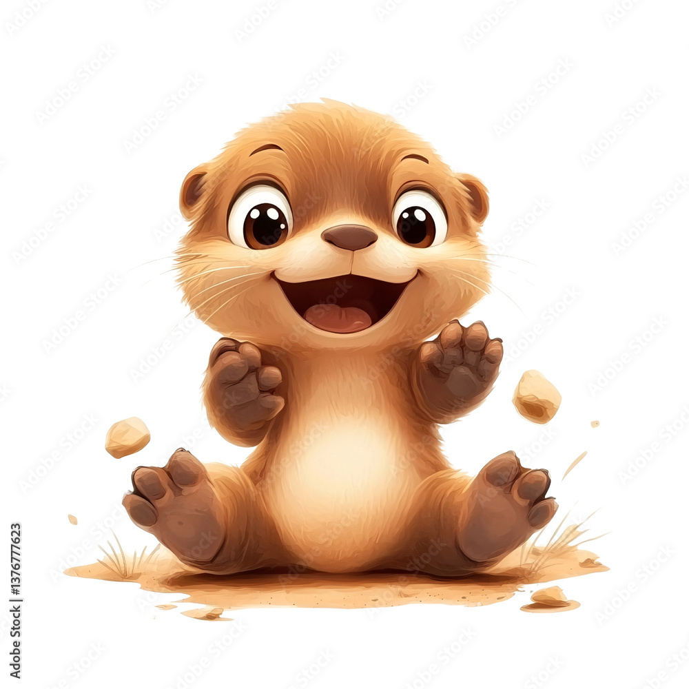 Obraz premium Adorable cartoon otter sitting on sand with a happy expression on a transparent background Concept of wildlife, cuteness, and playful animal