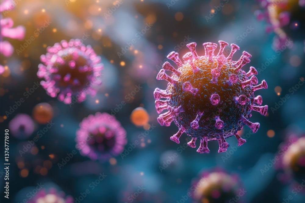 Fototapeta premium Close-up 3D illustration of a virus with vibrant pink and purple colors against a blurred dark background.
