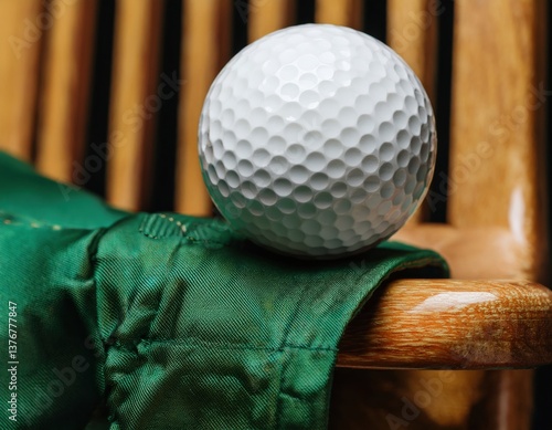 Golf ball resting on green jacket on wooden chair