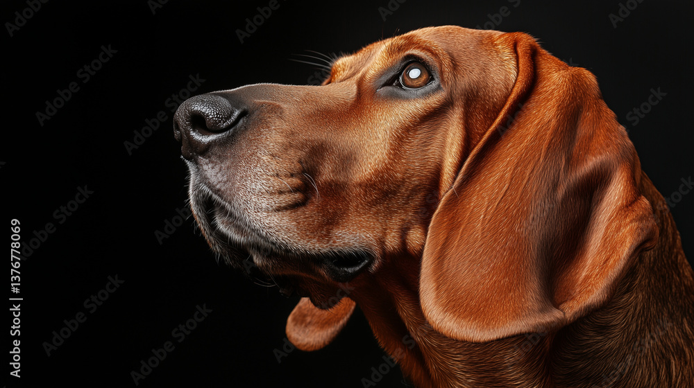 Redbone coonhound posing, highlighting regal profile with intense gaze against shadowy studio background