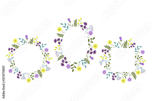 Vector frames borders with flower branches and plants. Hand drawn coloured festive spring backgrounds for text. Design elements for congratulating of holidays, invitation, Mother's Day, birthday