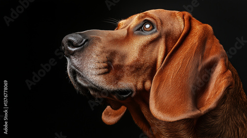 Obraz na płótnie Redbone coonhound posing, highlighting regal profile with intense gaze against shadowy studio background w salonie