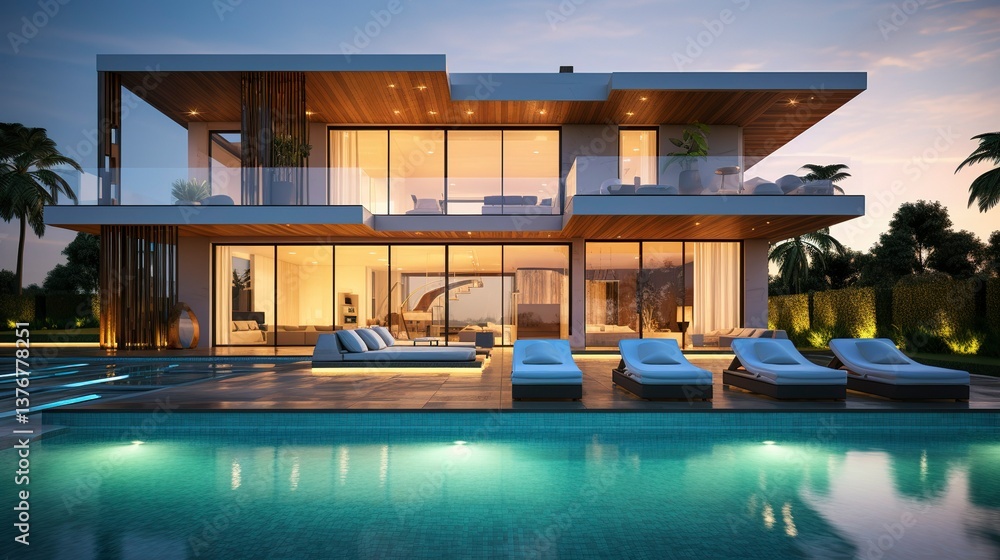 Fototapeta premium A photo of a modern double-story house with poolside.