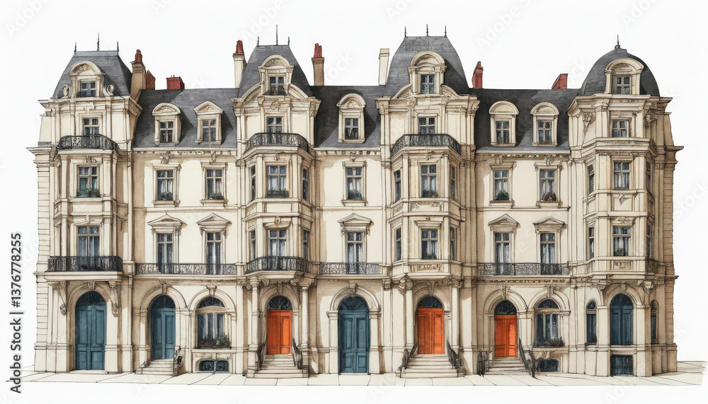 Fototapeta premium A collection of detailed pencil drawings of historic buildings with red roofs, isolated on a white background. The sketches highlight intricate architectural details, evoking a timeless, classic aesth