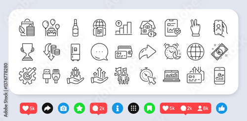 Bio shopping, Computer cables and Leadership line icons pack. Social media: share, comment, like icons. Card, Web analytics, User call web icon. Cogwheel, Cake, Globe pictogram. Vector