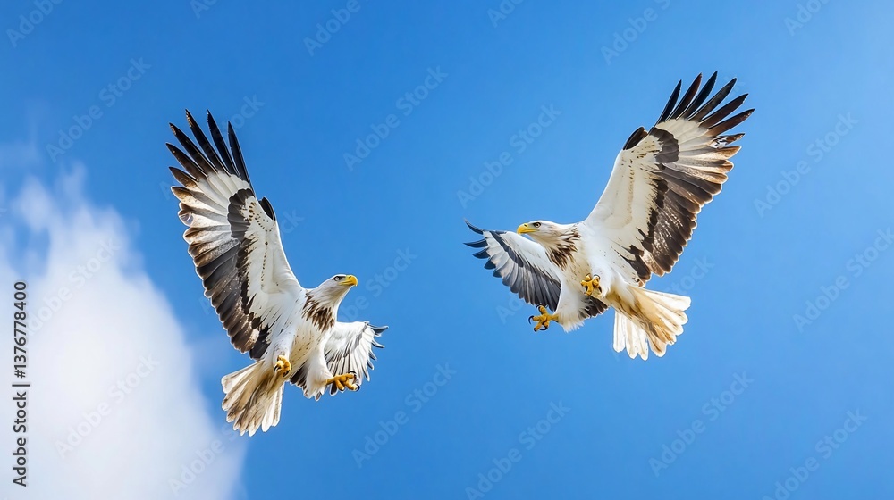 Obraz premium Two Birds Soaring Blue Sky Clouds Wildlife