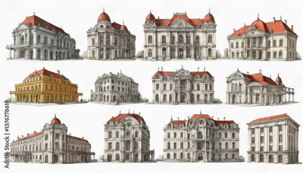 Fototapeta premium A collection of detailed pencil drawings of historic buildings with red roofs, isolated on a white background. The sketches highlight intricate architectural details, evoking a timeless, classic aesth