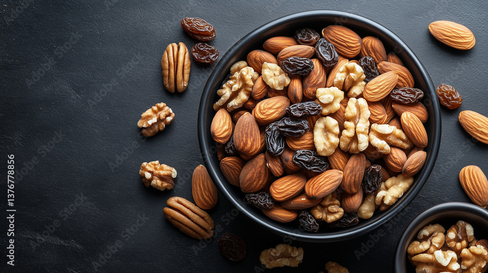 Fototapeta premium Overhead shot of a black bowl full of almonds, walnuts, pecans and raisins, resting on a dark background
