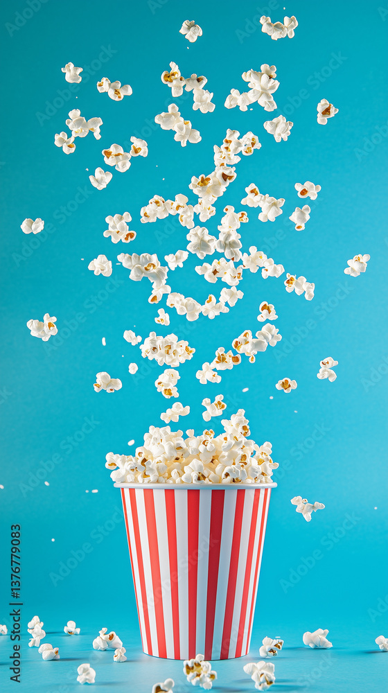 Popcorn kernels cascade from above, filling a red and white striped bucket set against a vibrant blue backdrop