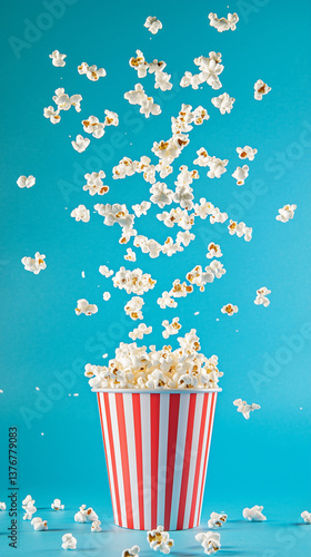 Obraz na płótnie Popcorn kernels cascade from above, filling a red and white striped bucket set against a vibrant blue backdrop w salonie