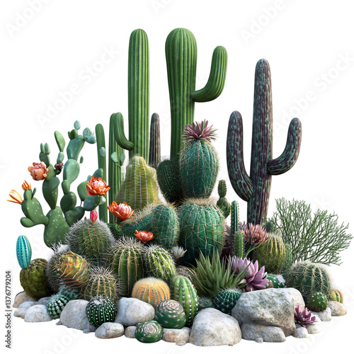 Assorted Prickly Cactus Plants in Garden Isolated on Transparent Background