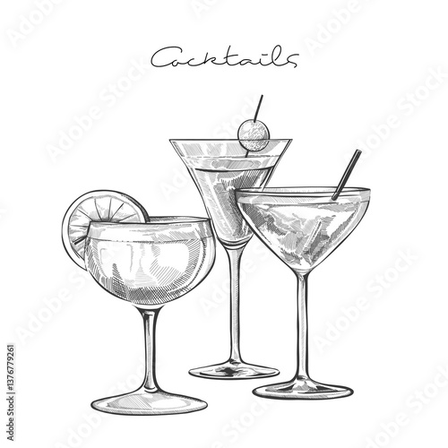 Hand drawn cocktail Illustrations. Sketch of three different cocktails in glassware, each garnished with fruit slices, olives, and straws