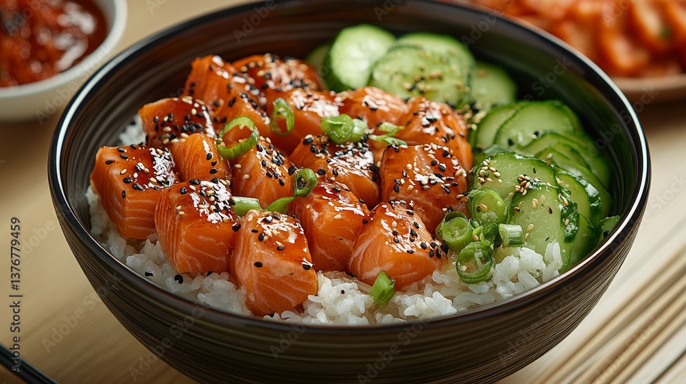 Salmon sushi bowl with fresh cucumber and rice Salmon sushi bowl with fresh cucumber and rice