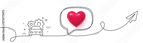 Car service line icon. Continuous line with share plane. Repair station sign. Transport maintenance symbol. 3d heart in speech bubble. Car service single line ribbon. Loop curve pattern. Vector