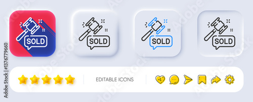 Auction hammer line icon. Neumorphic, Flat shadow, 3d buttons. Bid offer sign. Lot was sold symbol. Line auction hammer icon. Social media icons. Vector