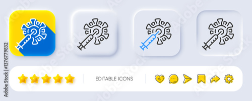 Coronavirus vaccine line icon. Neumorphic, Flat shadow, 3d buttons. Corona syringe sign. Covid jab symbol. Line coronavirus vaccine icon. Social media icons. Vector
