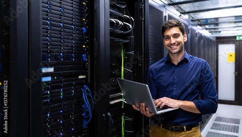 Smiling IT Professional Managing Servers in a Data Center Environment