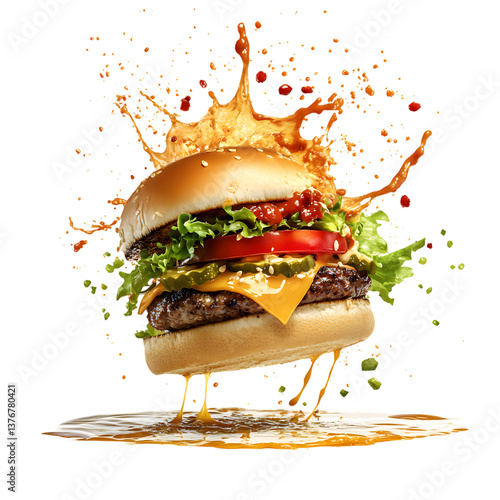 Smash Burger with Orange Juice Splash Isolated on Transparent Background