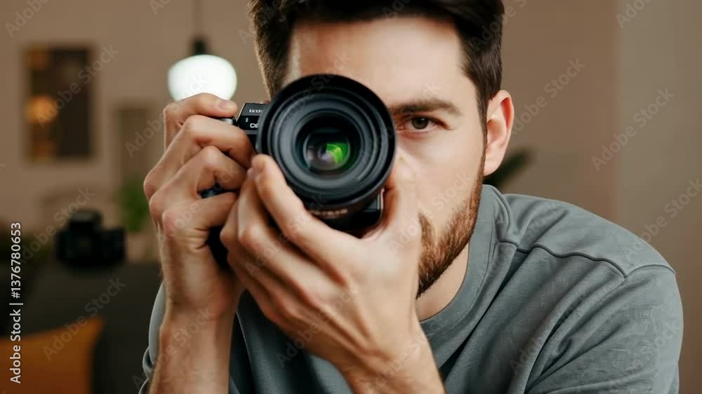 Capturing the perfect shot: photographer adjusting camera focus and framing with determined expression Capturing the perfect shot: photographer adjusting camera focus and framing with determined expression