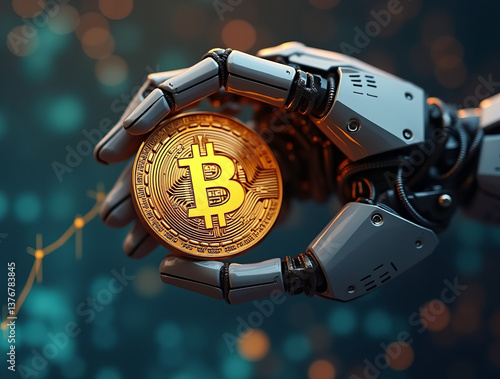 A robot arm holding a Bitcoin coin