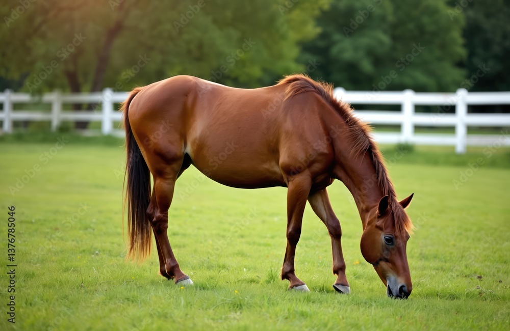 Fototapeta premium Brown horse grazes peacefully green pasture field. Equine animal eats grass in sunny countryside. Beautiful mammal horse on ranch, farm. Nature, summer, outdoors.