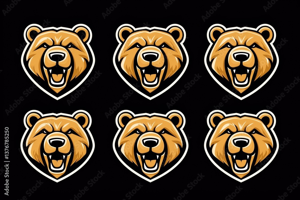A series of bear faces with their mouths open A series of bear faces with their mouths open