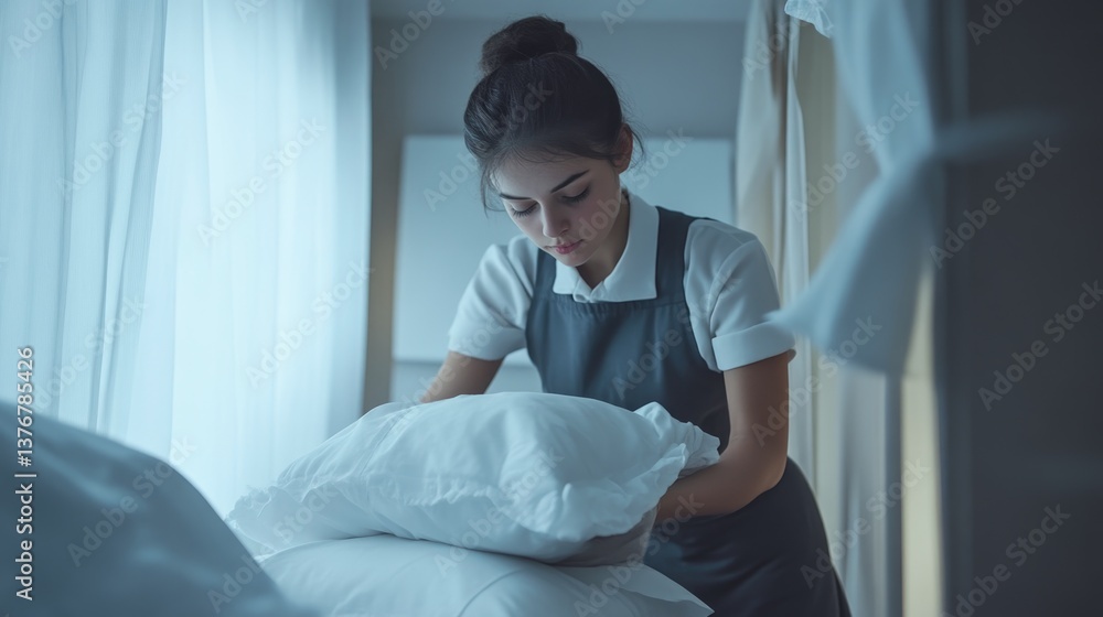 Maid neatly mending a hotel cushion Maid neatly mending a hotel cushion