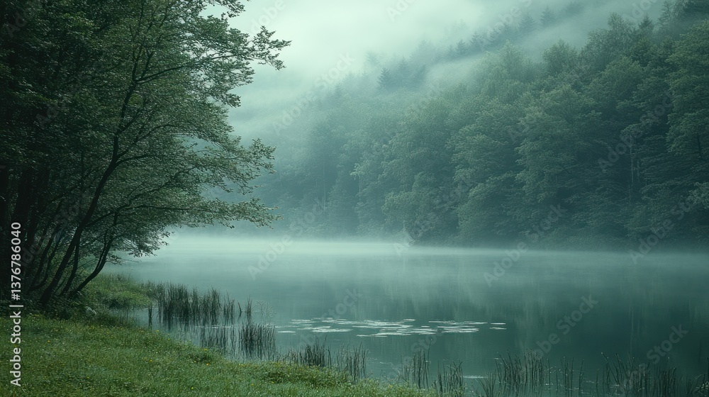 Fototapeta premium Misty morning lake nestled in a lush green forest.
