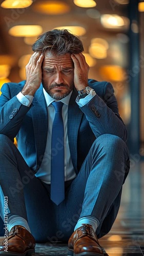 Businessman stressed sitting on floor, modern interior background, possible use stock photo