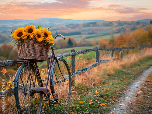 An old-fashioned bicycle with a wicker basket filled with golden leaves and freshly picked sunflowers