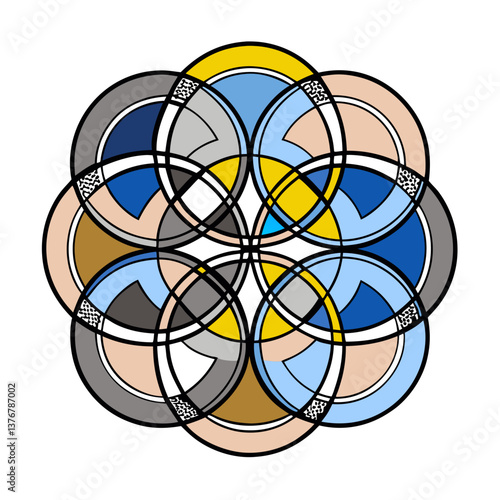 mysterious alluring Overlapping circles creating a Venn diagram pattern. Flat color, single-weight stroke. VECTOR FORMAT with Scalable Design. masterfully captured