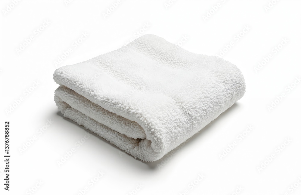 White fluffy towel isolated on white background. Stacked cotton soft terry cloth folded clean bathroom accessory. Spa element. Hotel hygiene. Bath textile, wipe. White fluffy towel isolated on white background. Stacked cotton soft terry cloth folded clean bathroom accessory. Spa element. Hotel hygiene. Bath textile, wipe.