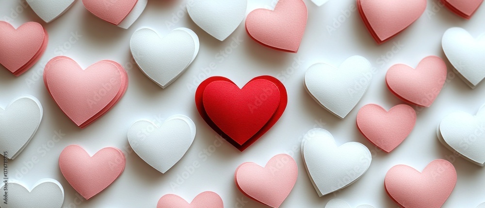 Red heart stands out among many pink and white hearts on a white background Red heart stands out among many pink and white hearts on a white background