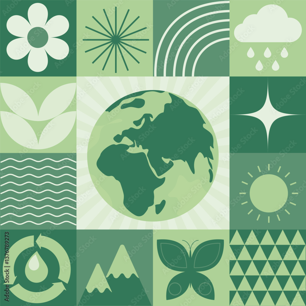 Fototapeta premium Vector illustration with Earth and eco icons like leaf, water, rainbow, and butterfly, symbolizing nature protection, sustainability, and climate awareness.