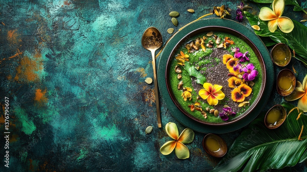 Obraz premium Green smoothie bowl with flowers on teal textured background