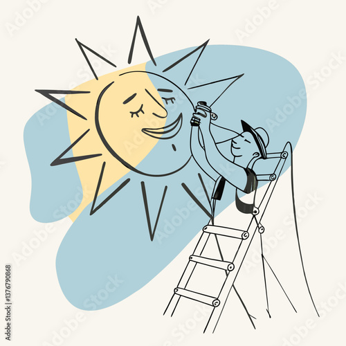 ethereal pristine Smiling sun character with triangular rays. Clean lines, flat color, minimal design. VECTOR FORMAT with Scalable Design. exclusive