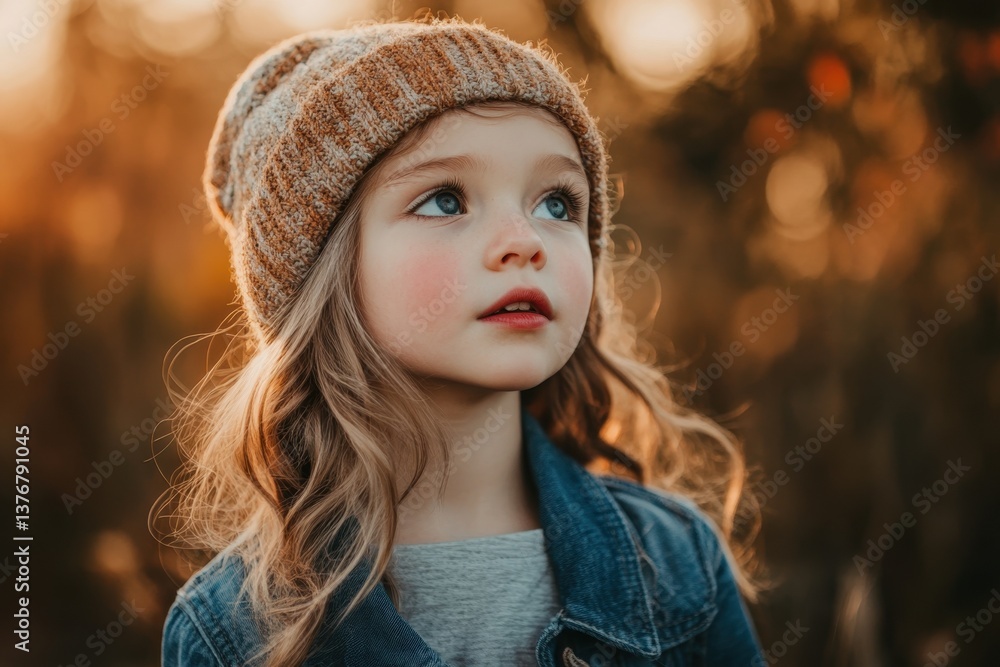 Young child in warm hat gazes thoughtfully in golden autumn light Young child in warm hat gazes thoughtfully in golden autumn light