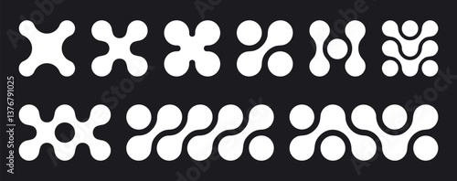 Abstract metaball figures. Metaball connected shapes, round blobs icons flat vector illustration set. Liquid molecule shapes on white