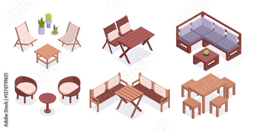 Garden furniture. Isometric chairs and coffee tables, comfortable backyard or terrace furniture 3d vector illustration set. Backyard furniture collection
