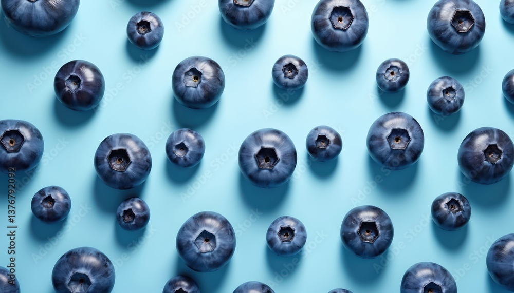 Fototapeta premium Fresh blueberries arranged on vibrant light blue backdrop, creating visually appealing pattern. Juicy ripe blueberries display, perfect design elements for food-related projects. Ideal for health,