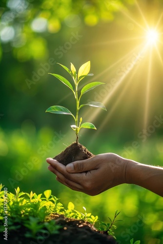 Holding a young plant in hand under sunlight in a green natural environment