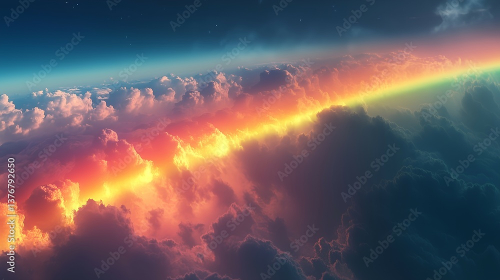 Rainbow is seen in the sky with clouds. The rainbow is very long and is in the middle of the sky Rainbow is seen in the sky with clouds. The rainbow is very long and is in the middle of the sky