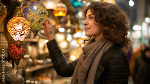Smiling Tourist Exploring Decorative Lantern Stall in Bazaar.
